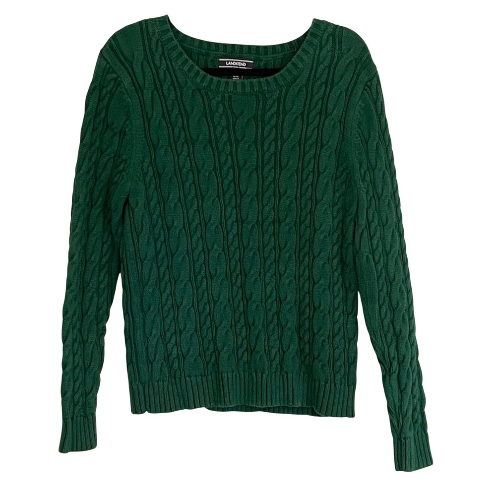 Lands End Drifter Cable Knit Sweater Womens L 14-16 Forest Green 100% Cotton